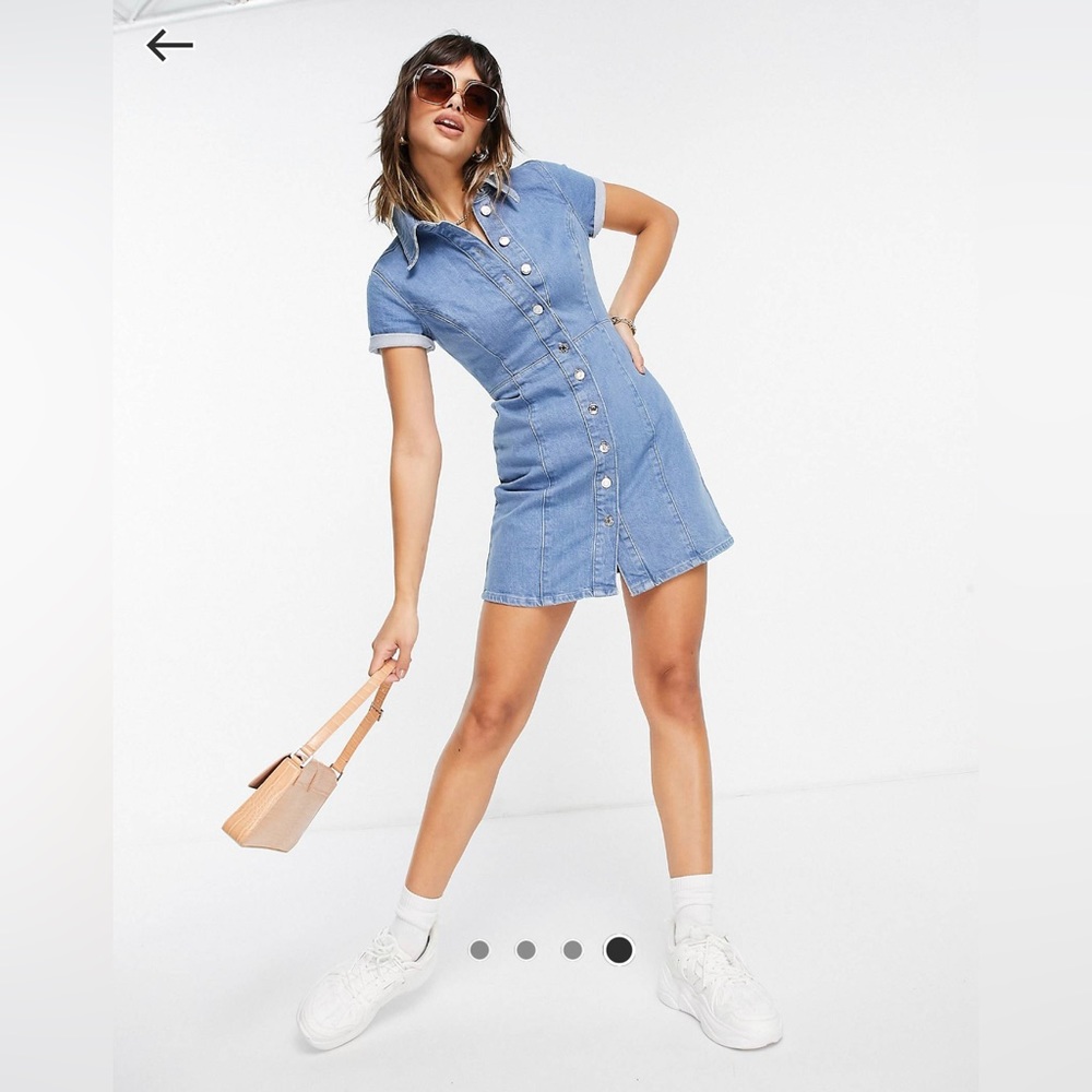 ASOS Denim Fitted Shirtdress with sleeves in Midwash - US14